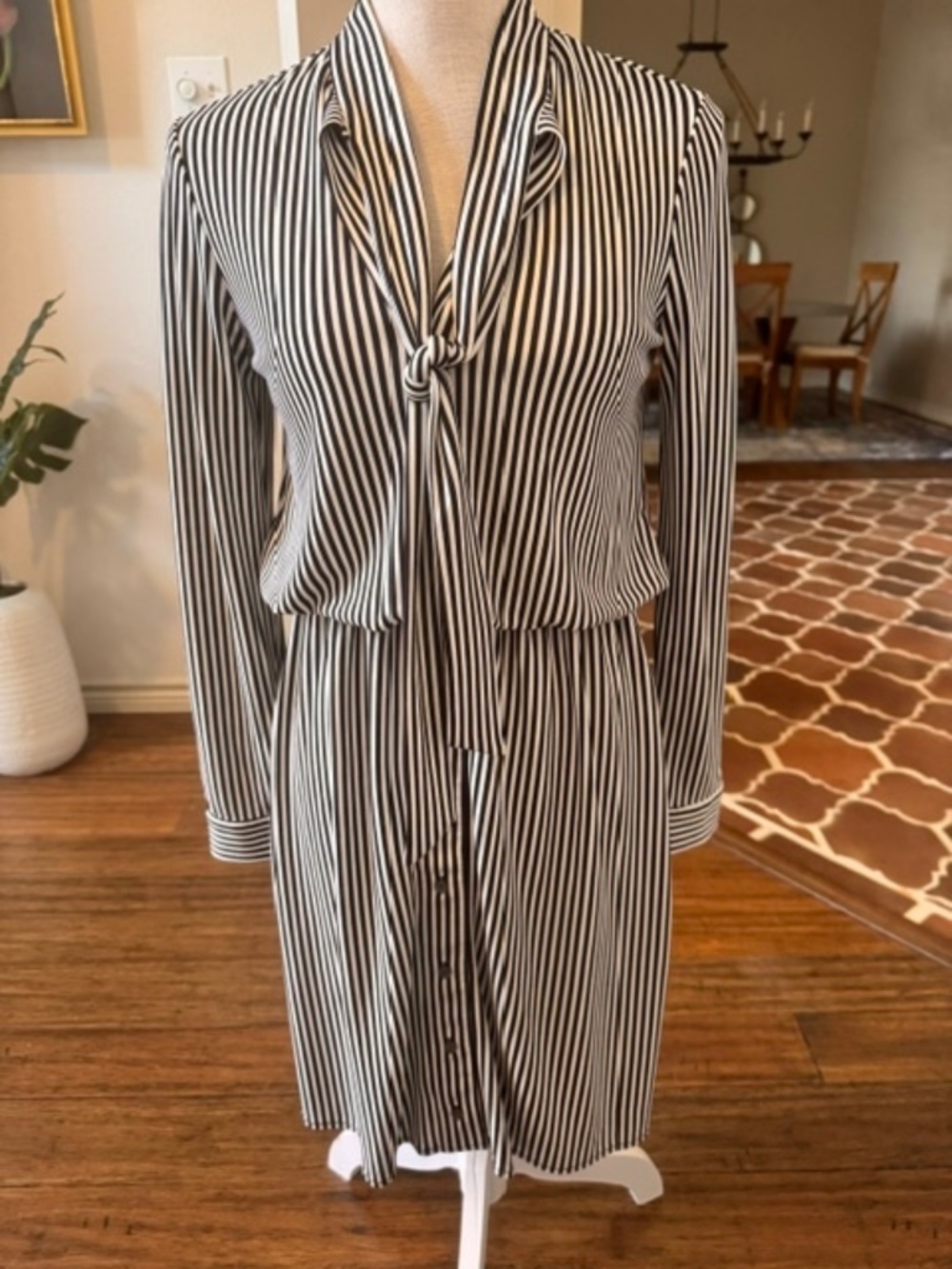 Ann Taylor Black and White Stripped Dress with tie waist. Size Small Petite.